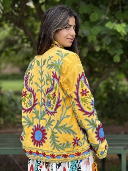 Womens Yellow Velvet Embroidered Jacket with Floral Design